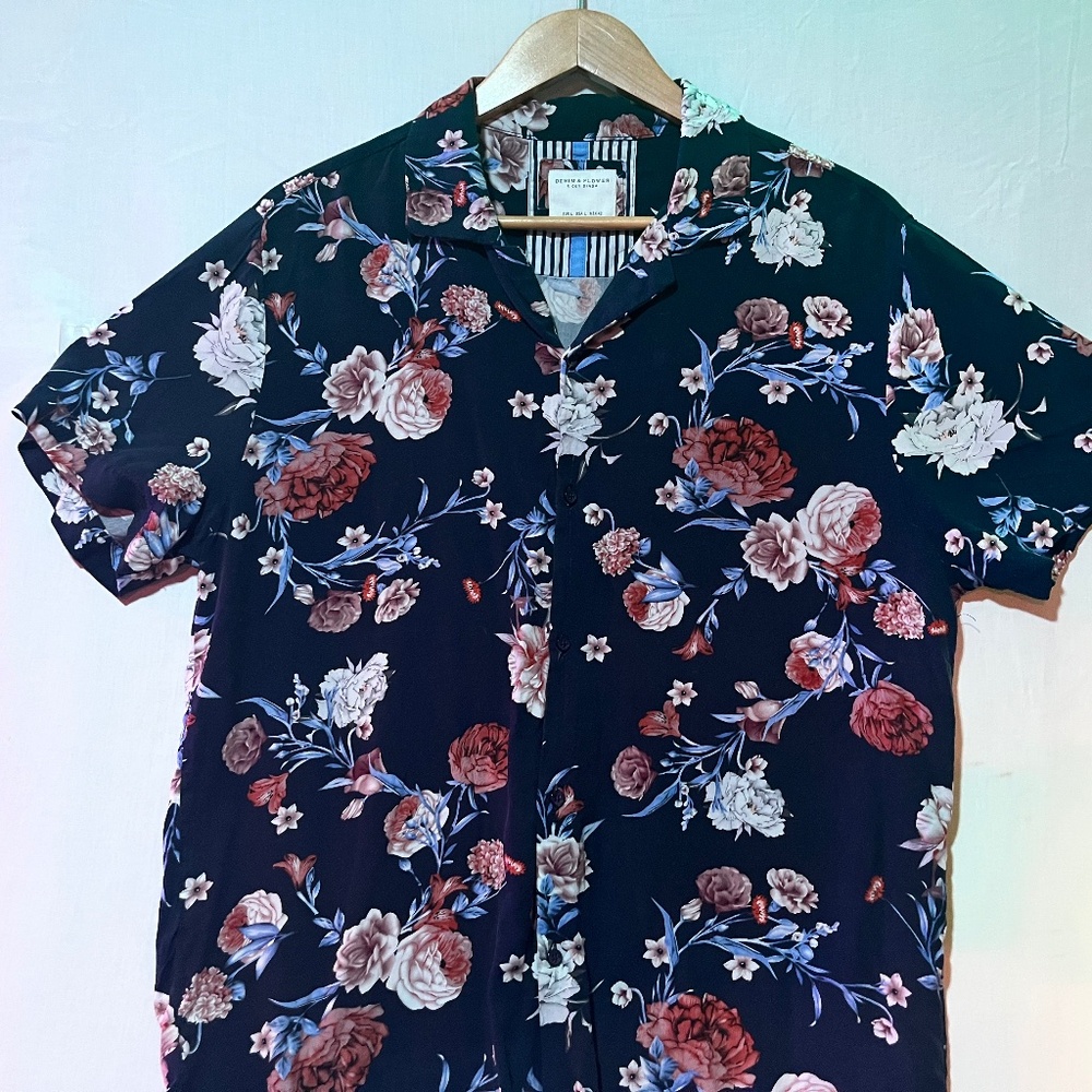 Denim and Flower Ricky Singh Mens Short Sleeve Button Down Shirt Tropical Size M